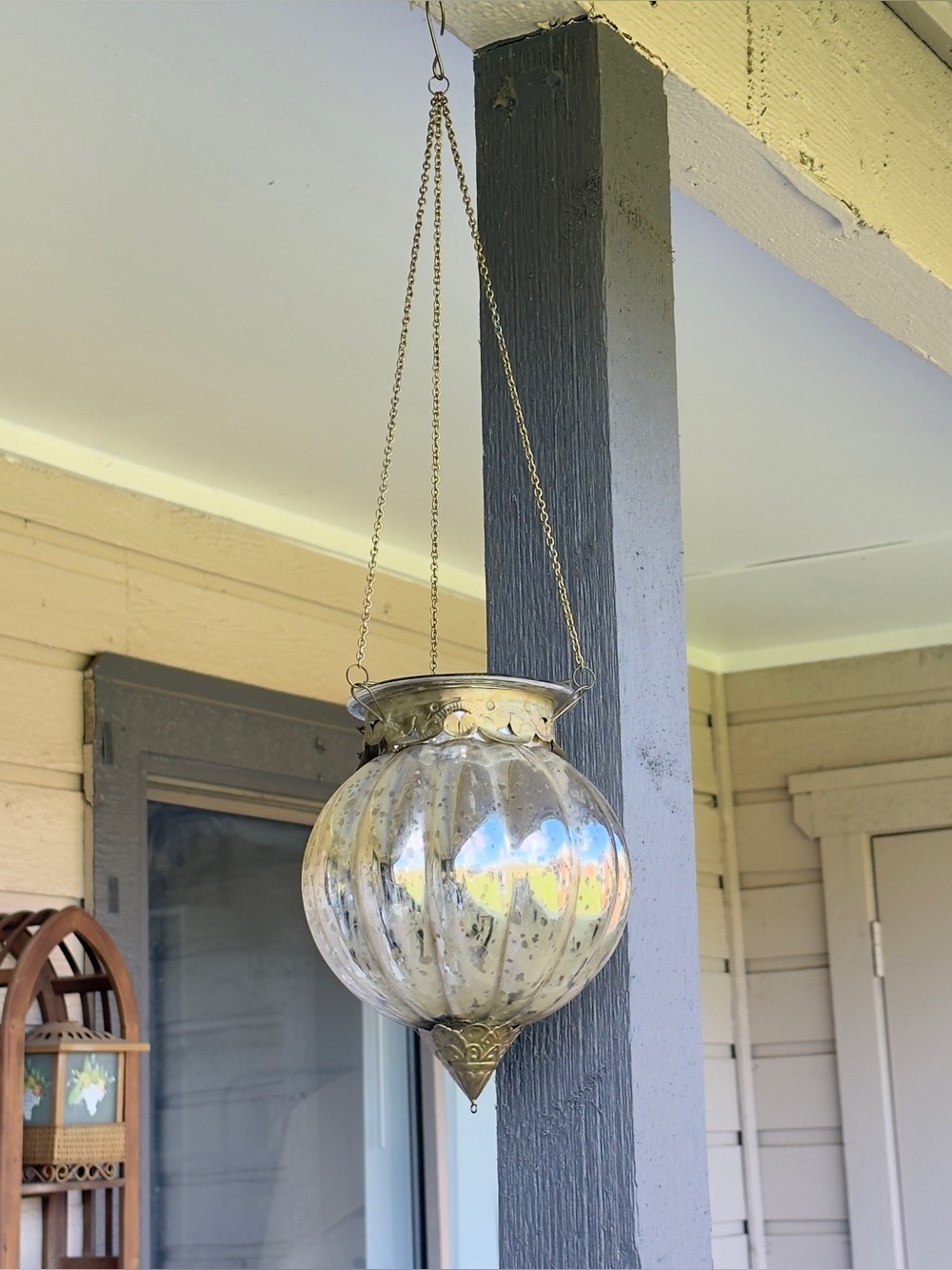 Vintage Mercury Glass & Brass Frame Moroccan-Style Hanging Bubble Candle Lantern